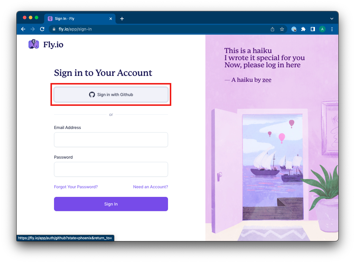 Fly.io sign in page