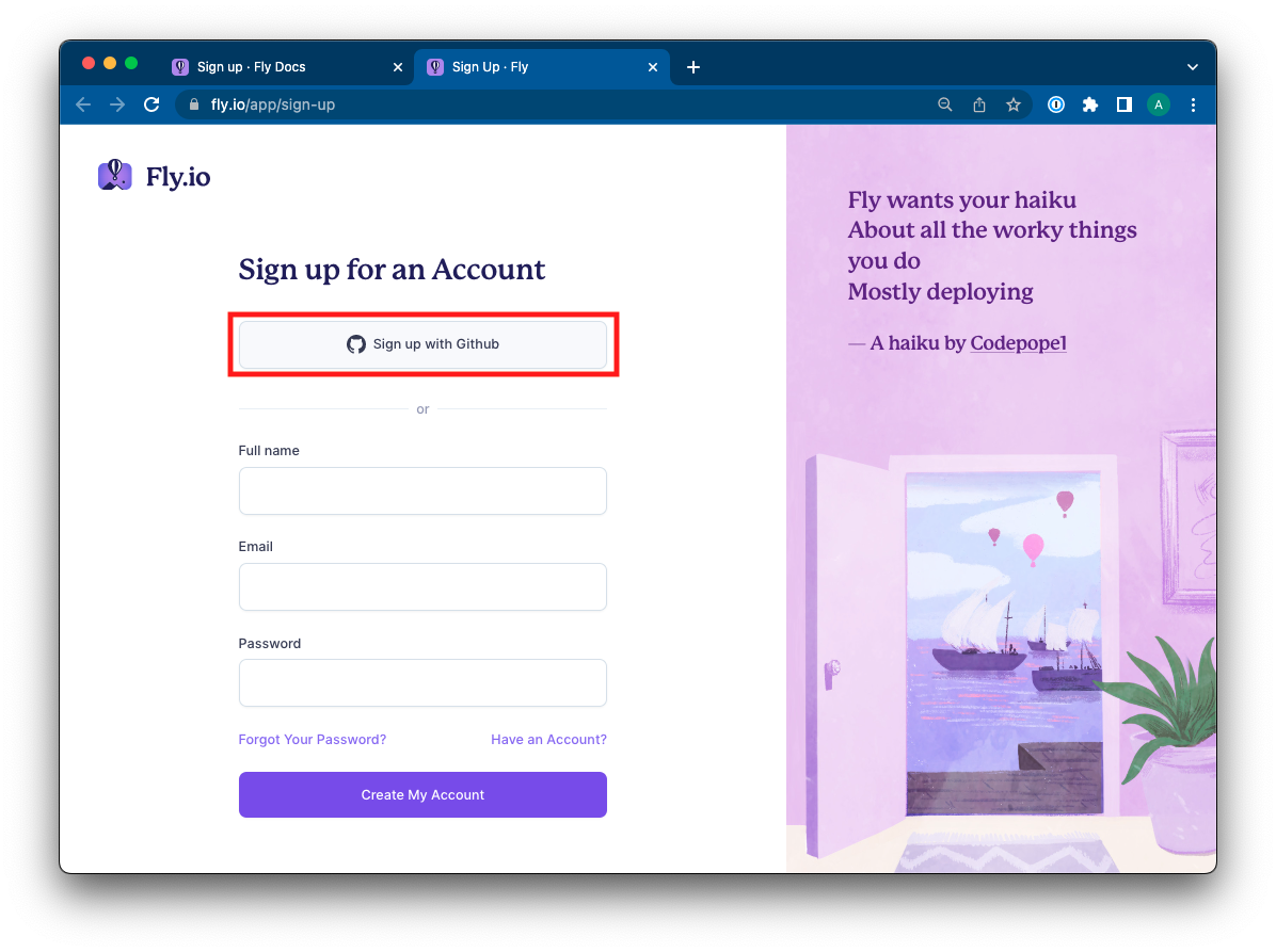 Fly.io signup page
